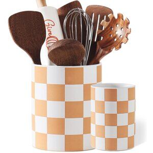 🪷Ceramic Terracotta Brown & White Checkered Utensil Holders, Vases, Set of Two